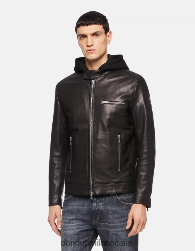 DONDUP hombres chaqueta biker ajustada de napa vestir negro AZX2Z0915