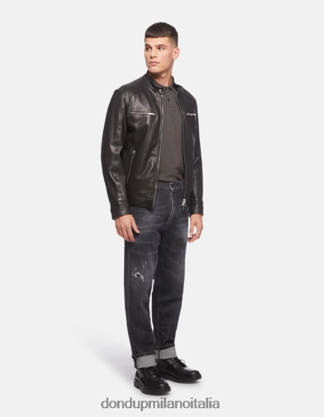 DONDUP hombres chaqueta biker ajustada de napa vestir negro AZX2Z0916