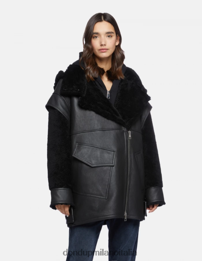 DONDUP mujer abrigo oversize de piel de oveja vestir negro AZX2Z0363