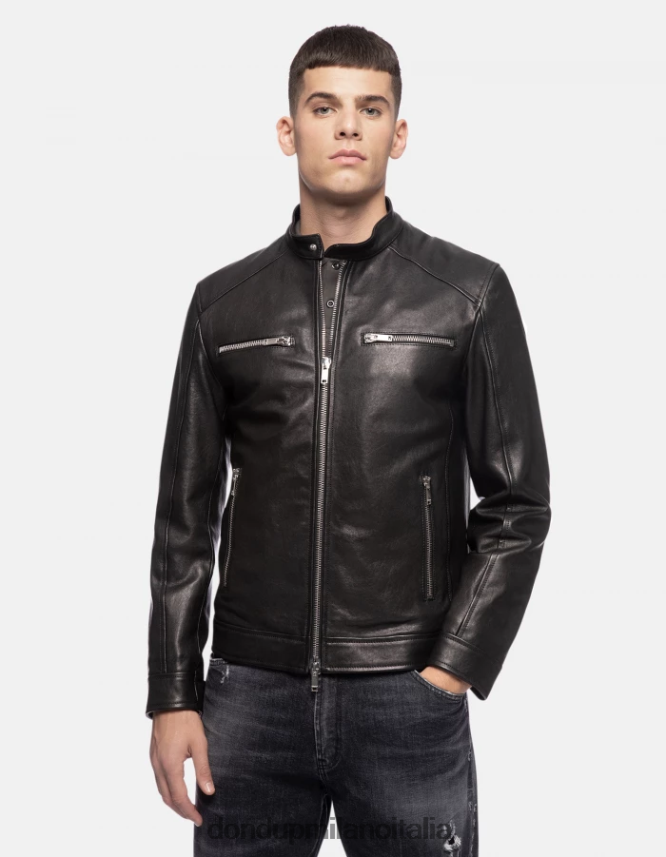 DONDUP hombres chaqueta biker ajustada de napa vestir negro AZX2Z0916